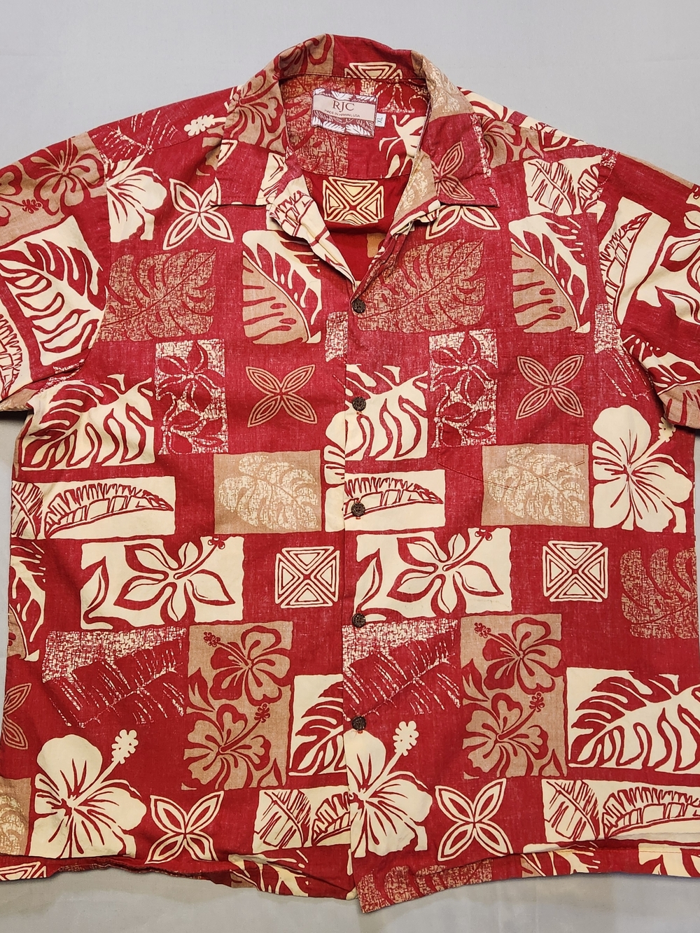 RJC Hawaiian Mens Shirt Sz XL Tropical Print 100% Cotton Barkcloth Red Vintage